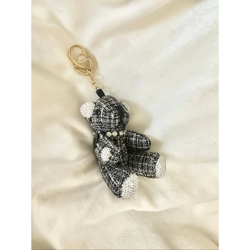 Glamorous tweed black and white plush teddy bear with rhinestone detail
